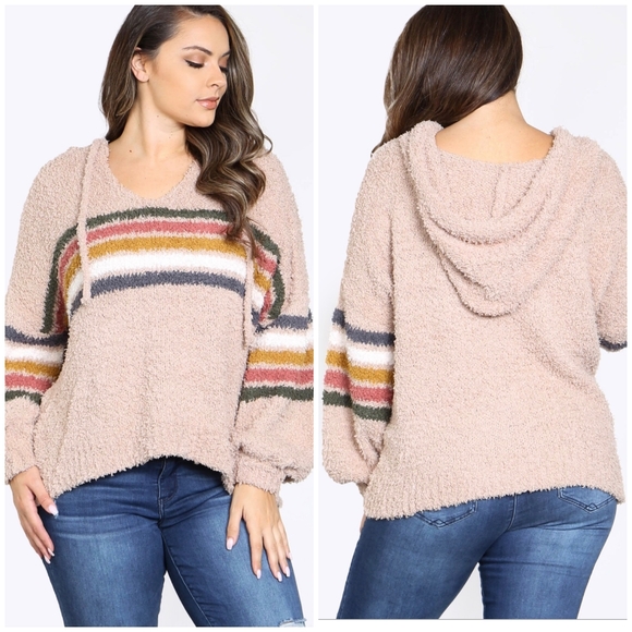 LAST ONE❗LOVE RICHE Plus Size Taupe Fuzzy Sweater Hoodie - Picture 5 of 5